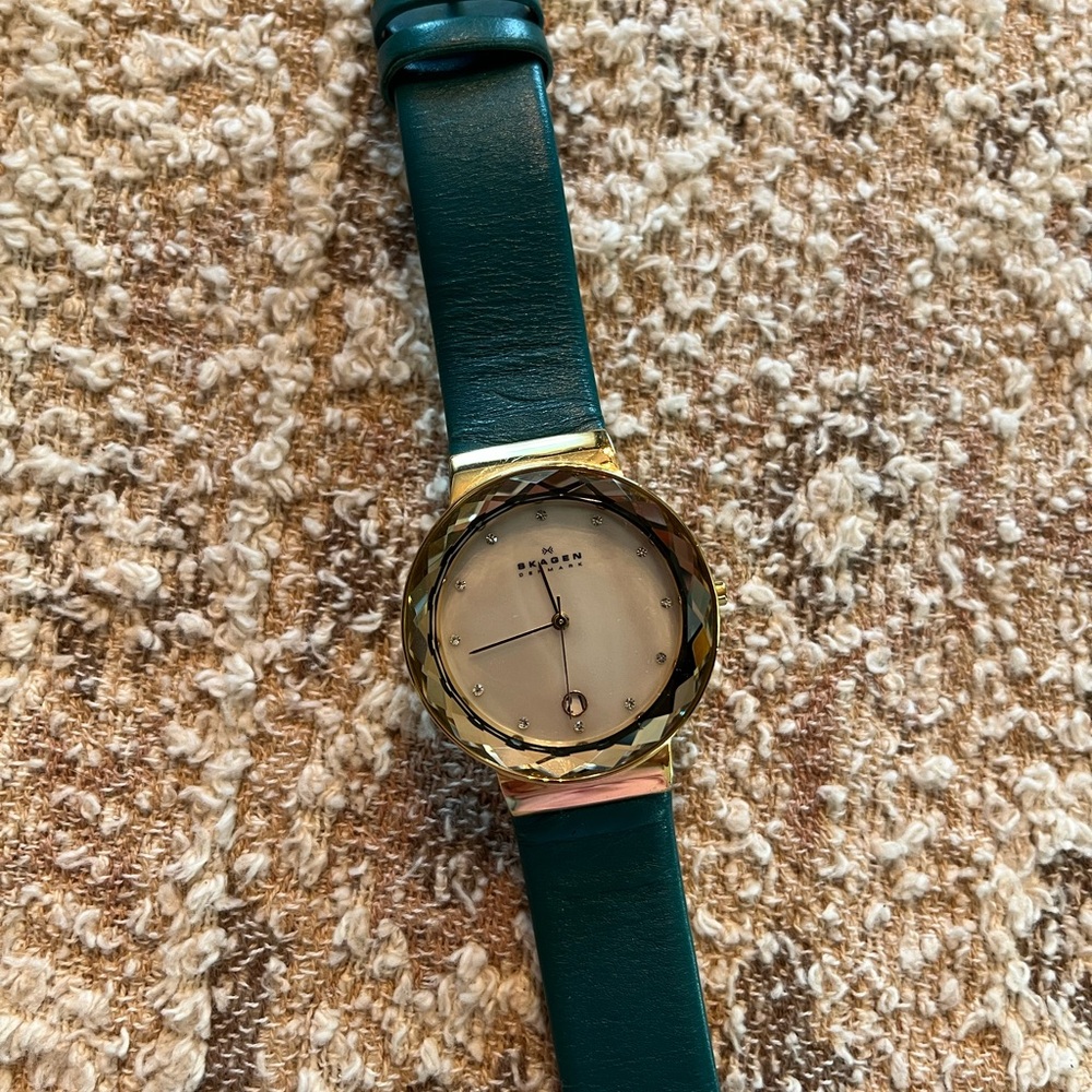 Teal Leather Strap Watch with Gold Trim